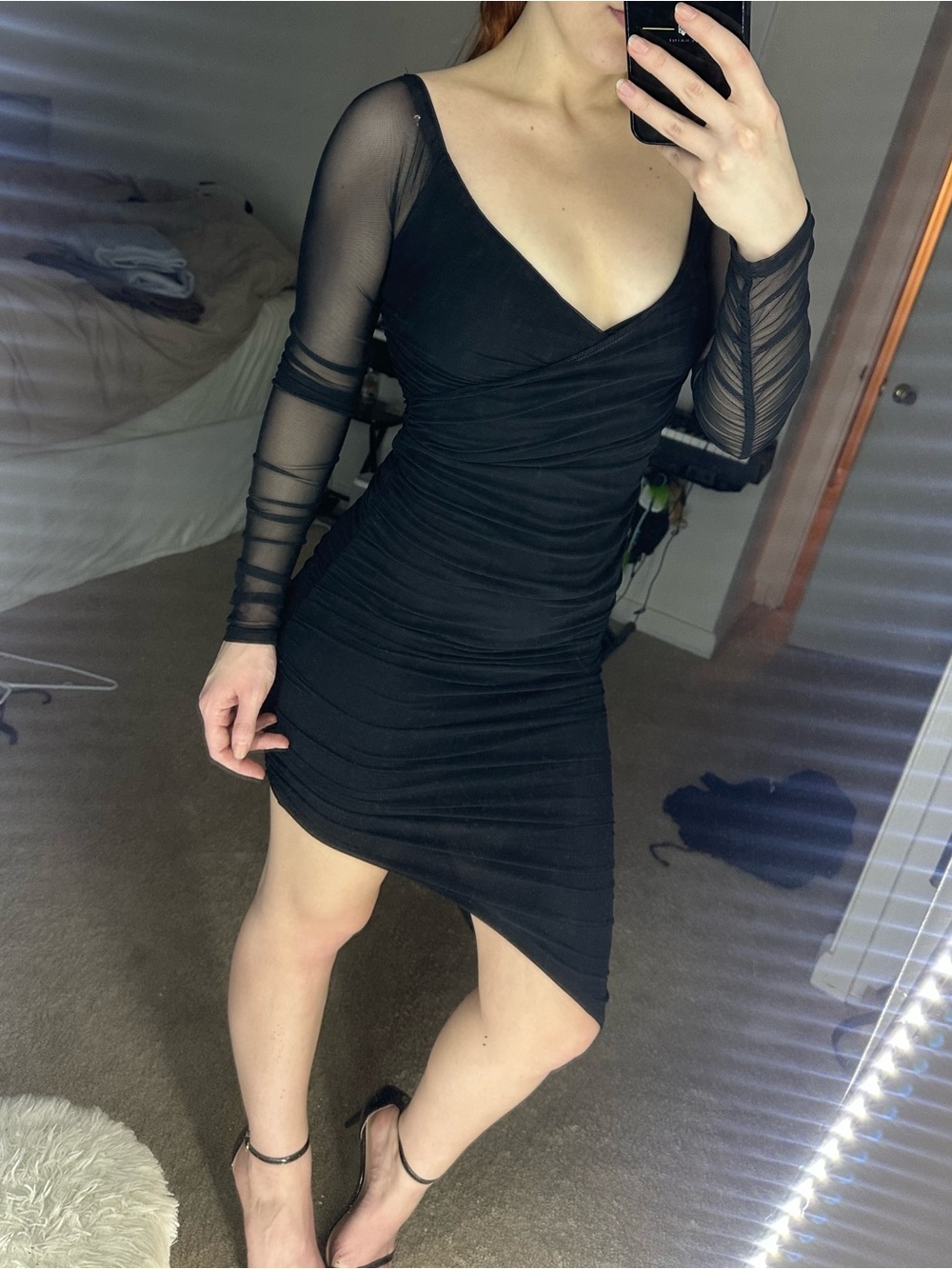 Black Mesh-Sleeve Ruched Midi Dress